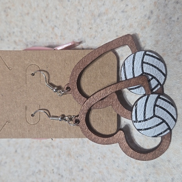 Jewelry - Wooden Volleyball Heart Shepard Hook Earrings